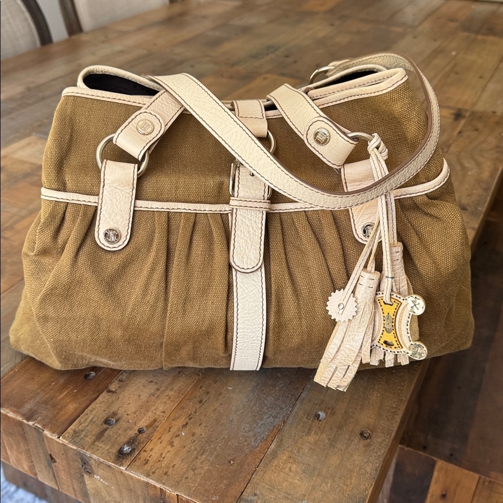 Celine beige brown linen canvas Cream leather Shoulder hand bag carryall tassel